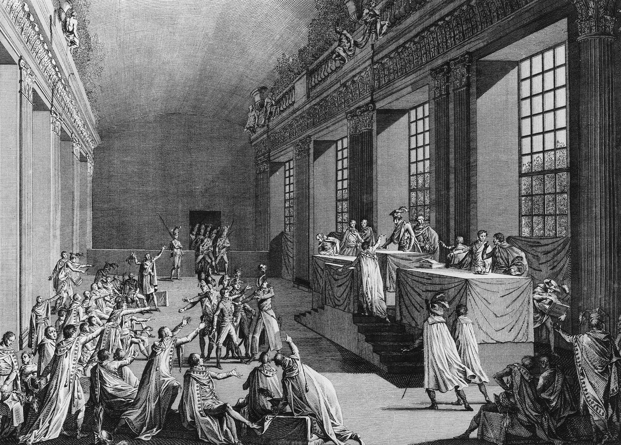 18. és 19. napok köd An VIII (1799. november 9. és 10.): Bonaparte államcsínyje az Ötcentes Tanács (500-as terem) termében, amely megdöntötte a végrehajtó testületet, átvette a hatalmat és elnevezték. Első konzul. Párizs, az Institu könyvtára alkotó: School French