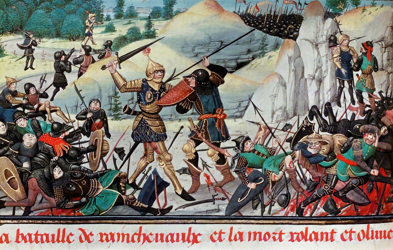 Roland lovag, Nagy Károly unokaöccse halála a roncevaux-i csatában (778) Nagy Károly és a szaracénok serege között. Miniatűr. Paris B.N. alkotó: School French
