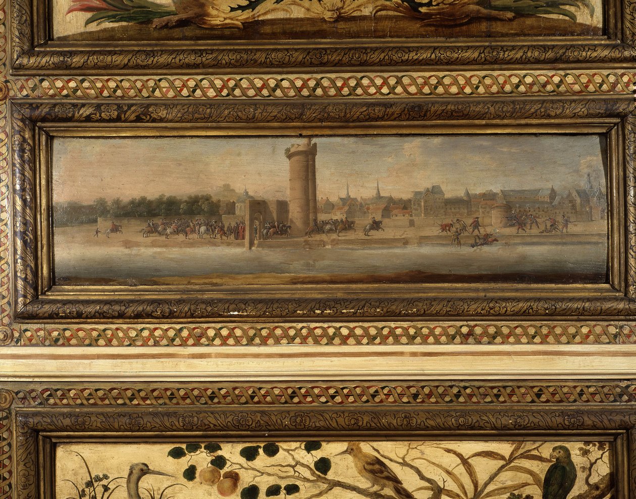 Henri IV belépés Párizsba: Charles de Cossé Brissac (Cosse-Brissac) kinyitotta IV Henriknek (1553 - 1610) a Konferencia ajtaját (1594) - a terem egyik nagy táblájának középső tájképét - Salon de the Meileraye. Arsenal. Quilleriez festménye a alkotó: School French