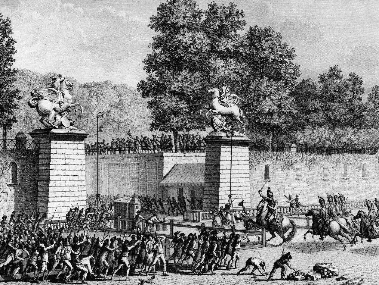 A francia forradalom első része: Monsieur Charles Eugene de Lorraine, Lambesc hercege (1754-1825) 1789. július 12-én a német királyi egységgel belépett a Tuileriákba, hogy elnyomja az első forradalmárokat. Párizs, a Történeti Intézet könyvtára alkotó: School French