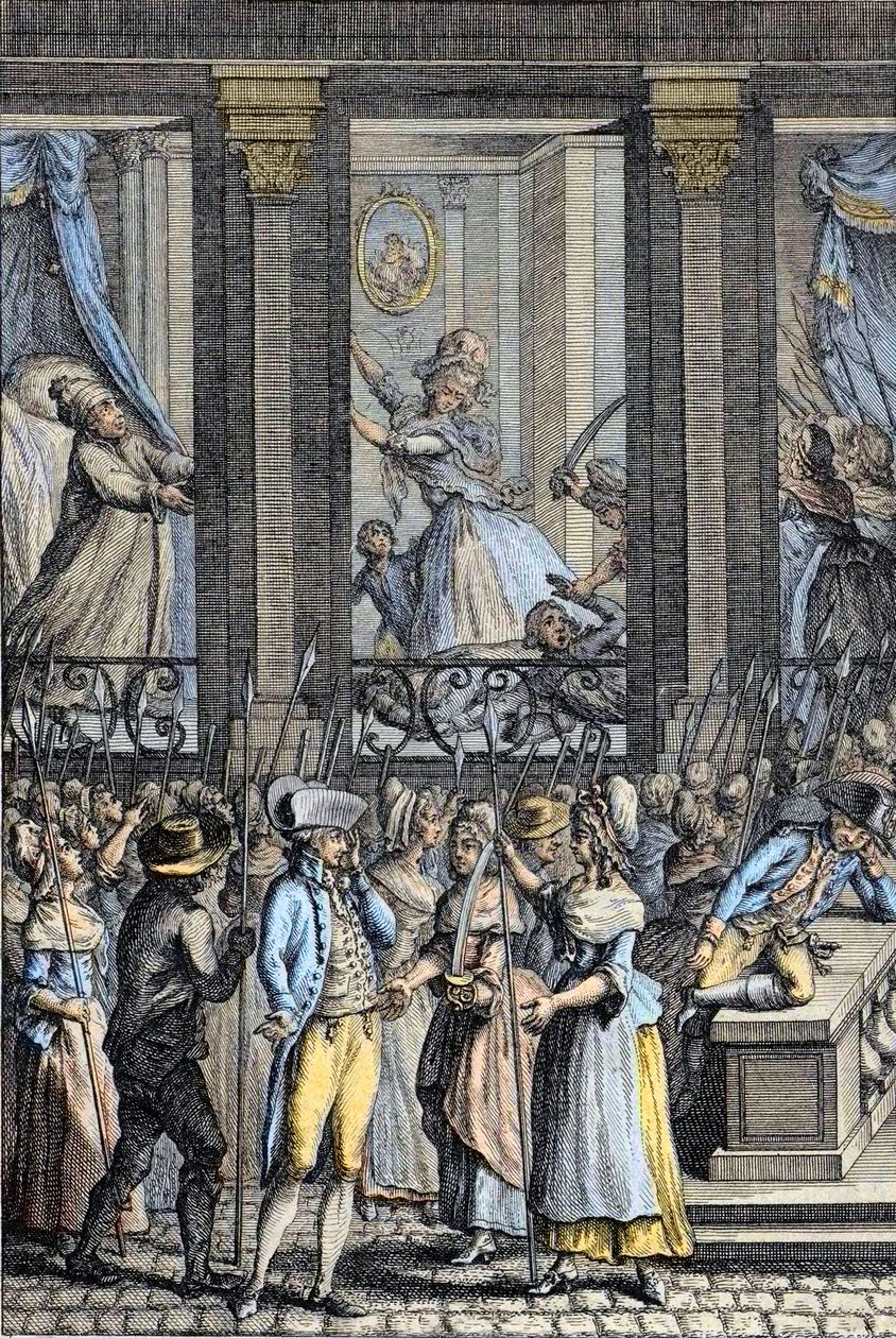 Francia forradalom – Az 1789. október 5. és 6. közötti szörnyű éjszaka Versailles-ban – XVI. Lajos és Marie Antoinette agressziója – alkotó: School French