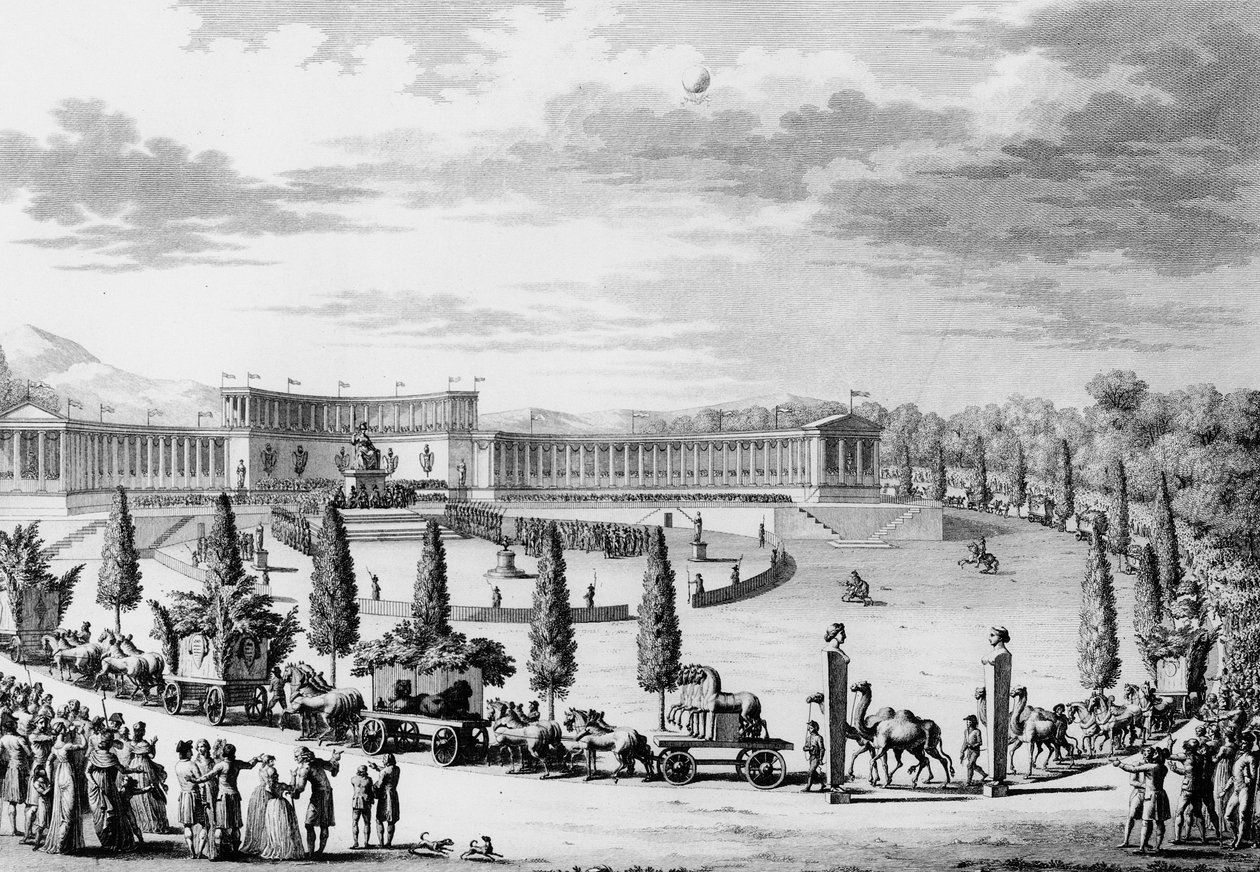 Francia forradalom: Ünnepség a franciaországi tudomány és művészet emlékműveinek diadalmaskodó bejutása alkalmából 9-én és 10-én Thermidor An VI (1798. július 28.) Napóleon Bonaparte konzul (1769-1821) parancsára (fosztogató hadjárat) . Párizs, alkotó: School French
