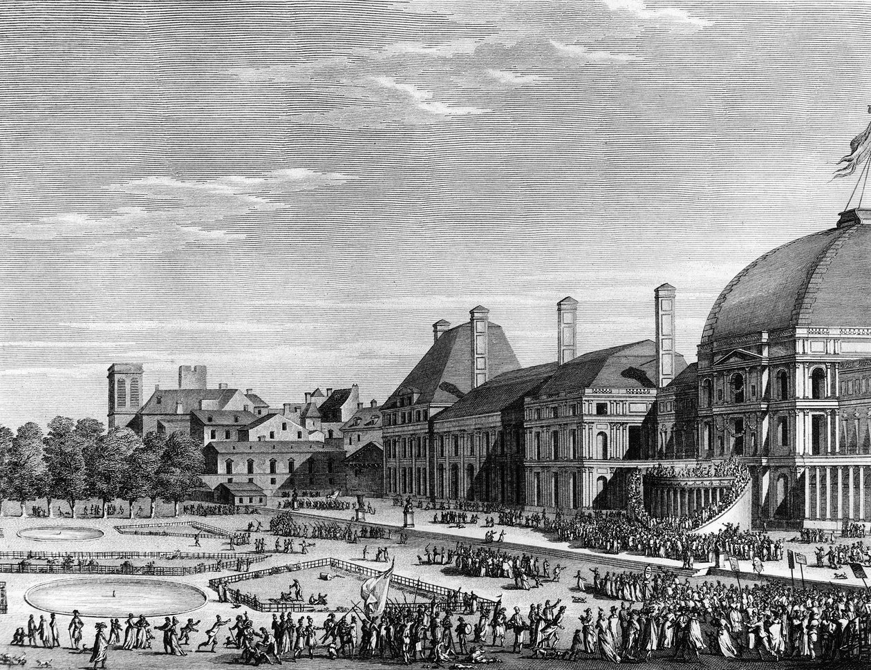 Francia forradalom: A legfelsőbb lény republikánus ünnepe 1794. június 8-án a Champs de Mars-on Maximilien de Robespierre (1758-1794) vezetésével. Párizs, a Forradalomtörténeti Intézet könyvtára alkotó: School French