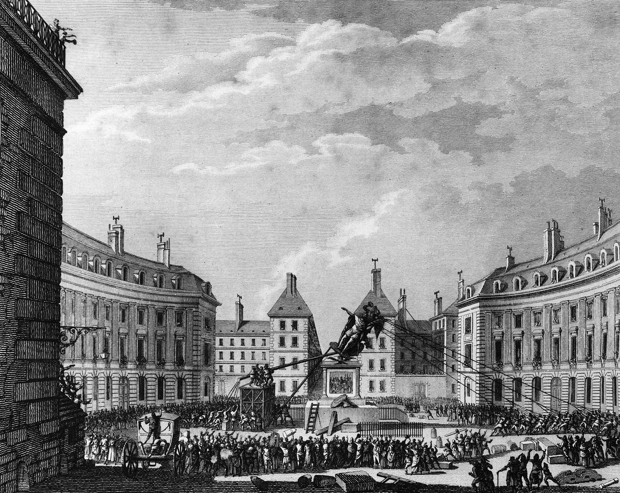 Francia forradalom: XIV. Lajos király szobrát a győzelemért lelőtték Párizsban 11-én alkotó: School French