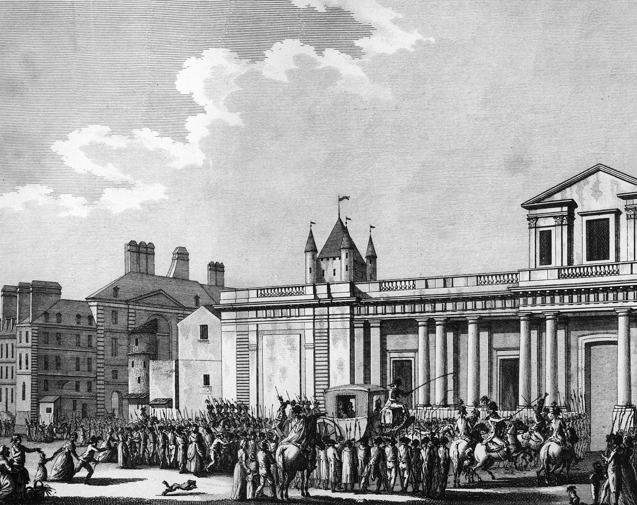 Francia forradalom: a királyi család (XV. Lajos, Marie Antoinette, Louis Charles de France delfin vagy XVII. Lajos és Marie Therese, a „Madame Royale” néven ismert) átszállítása a párizsi Templom börtönbe augusztus 13-án alkotó: School French