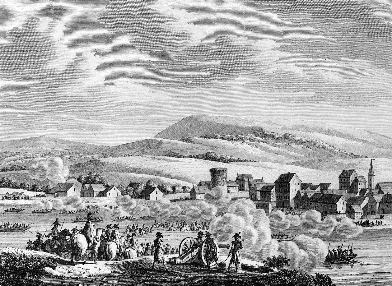 Francia forradalmi háború és forradalomellenes megmozdulások: francia csapatok a Rajnán át a németországi Düsseldorfba, Fructidor An III 20-án (szeptember 6. alkotó: School French
