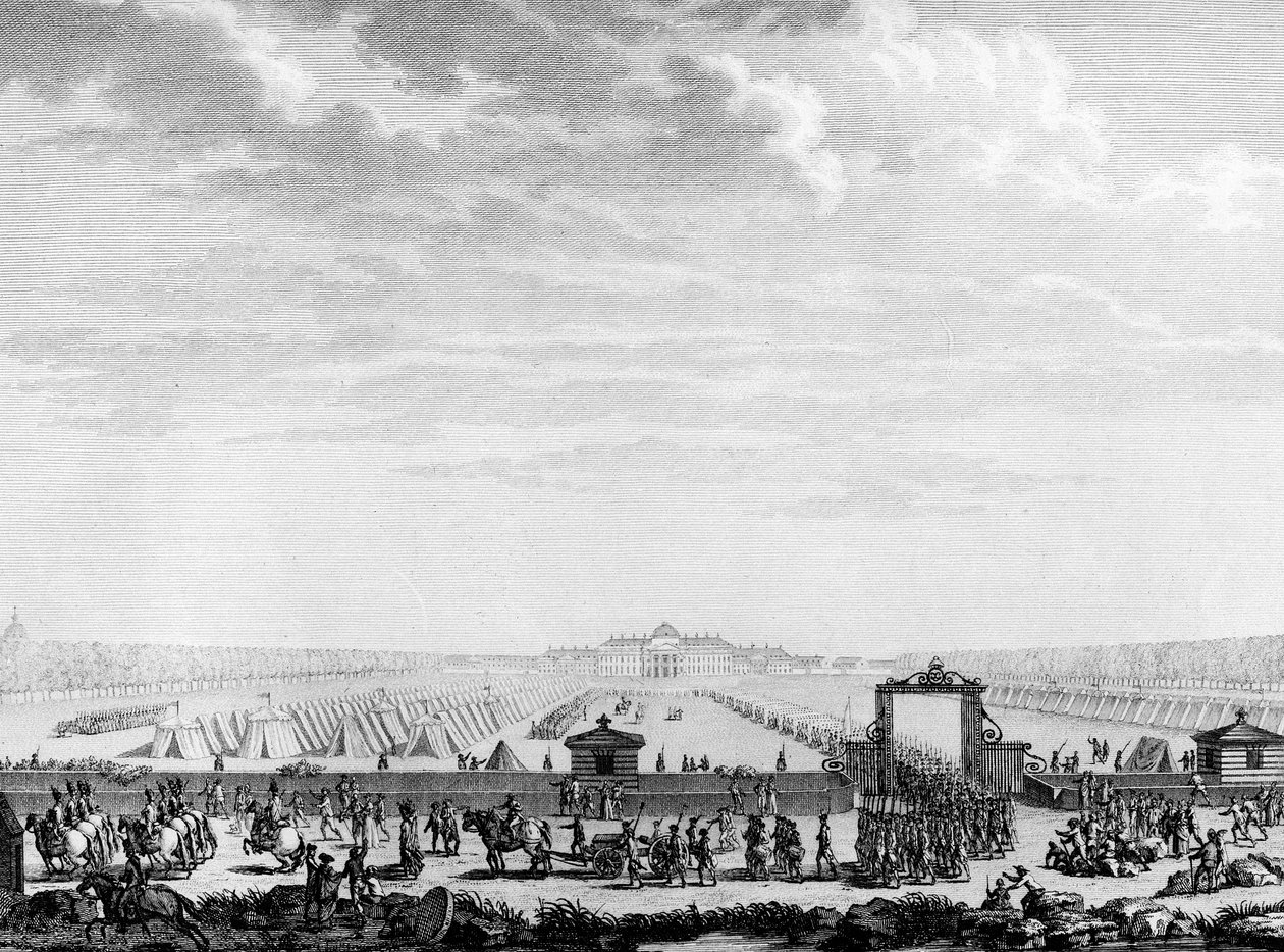 Francia forradalom: a márciusi mező katonai csapatai 1789. július 12-én a XV. Lajos térre indulnak Párizs, a Forradalom Történeti Intézetének Könyvtára alkotó: School French