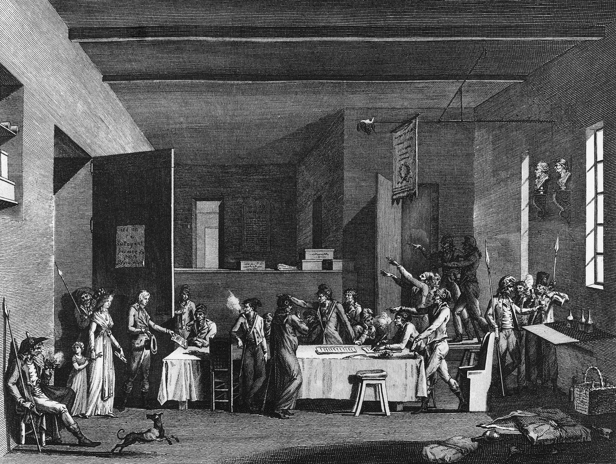 Francia forradalom és forradalomellenes mozgalom: A terrorizmus alatt álló forradalmi bizottság belseje 1793-1794. Párizs, a Forradalomtörténeti Intézet könyvtára alkotó: School French