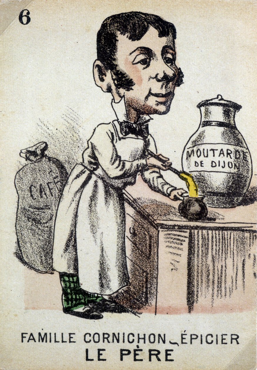 A hét család játéka: A család apja Cornichon- élelmiszerbolt dijoni mustárt készít. Jouier kártyamúzeum, Issy-les-Moulineaux. alkotó: School French