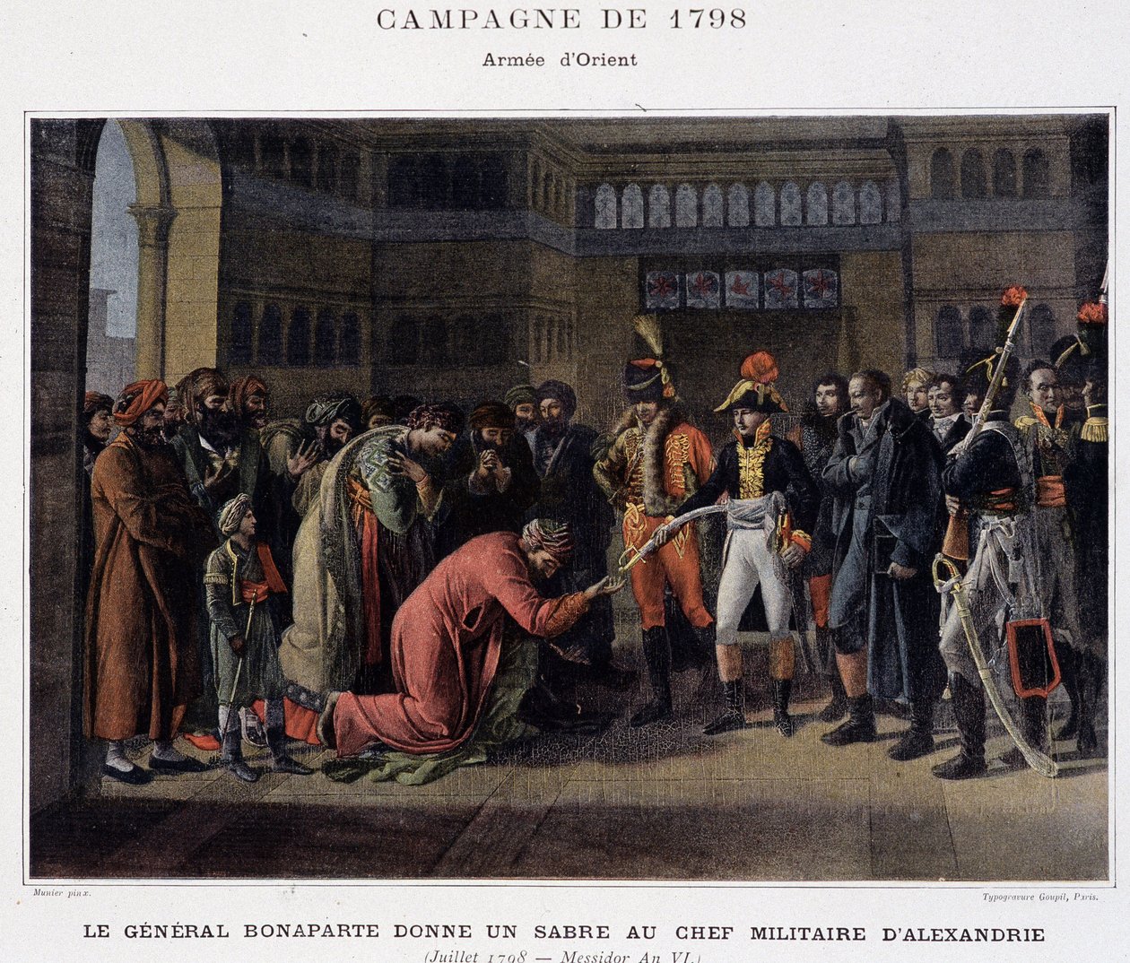 Bonaparte tábornok kardot ad Alexandria katonai vezetőjének – a „” Victoires et Conquêtes des Armees Francaises”, Párizs, n.d. alkotó: School French