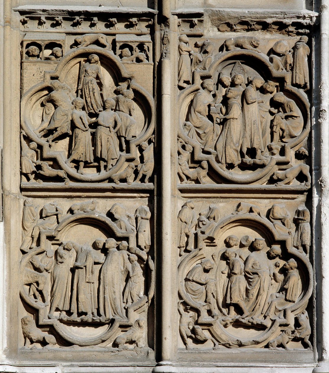 Gótikus művészet: a tanítás színterei. Részlet a párizsi Cathedrale Notre Dame (Notre-Dame) déli portáljáról alkotó: School French