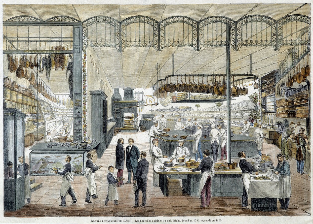 Nagyszerű éttermek Párizsban: az 1785-ben alapított, 1865-ben kibővített Café Riche új konyhái. alkotó: School French