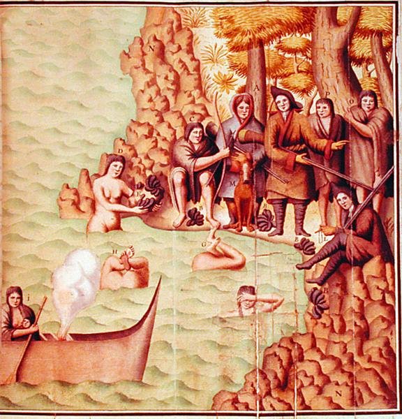 Indiánok a Magellán-szorosból francia felfedezőkkel, illusztráció a „Voyage de Gouin de Beauchesne”-ből alkotó: School French