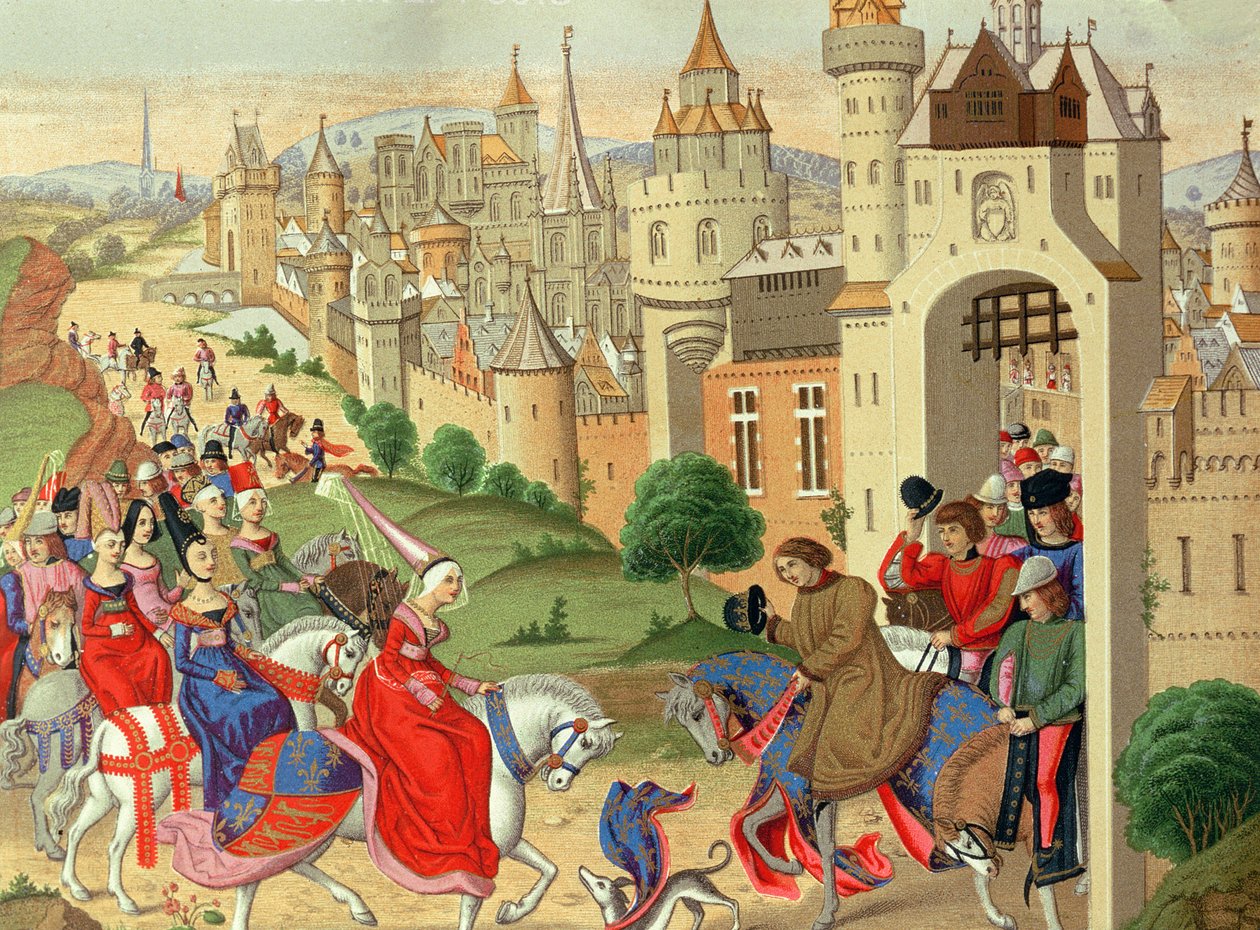 Izabellát, Anglia királynőjét bátyja, IV. Károly francia király fogadja Párizs kapujában a „Chroniques” kéziratból (fakszimile kiadás) alkotó: School French