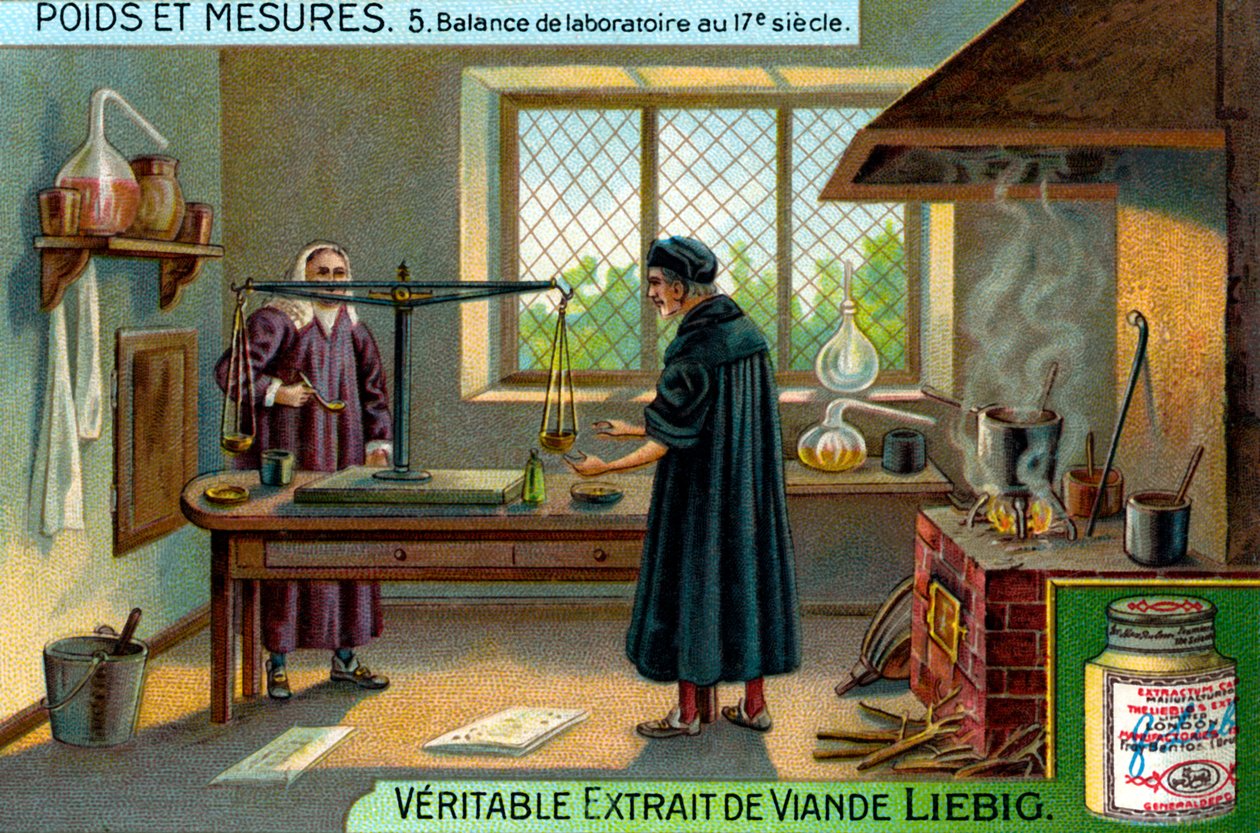 Laboratóriumi mérlegek a 17. században, Liebig-kártya (nyomtatás) alkotó: School French