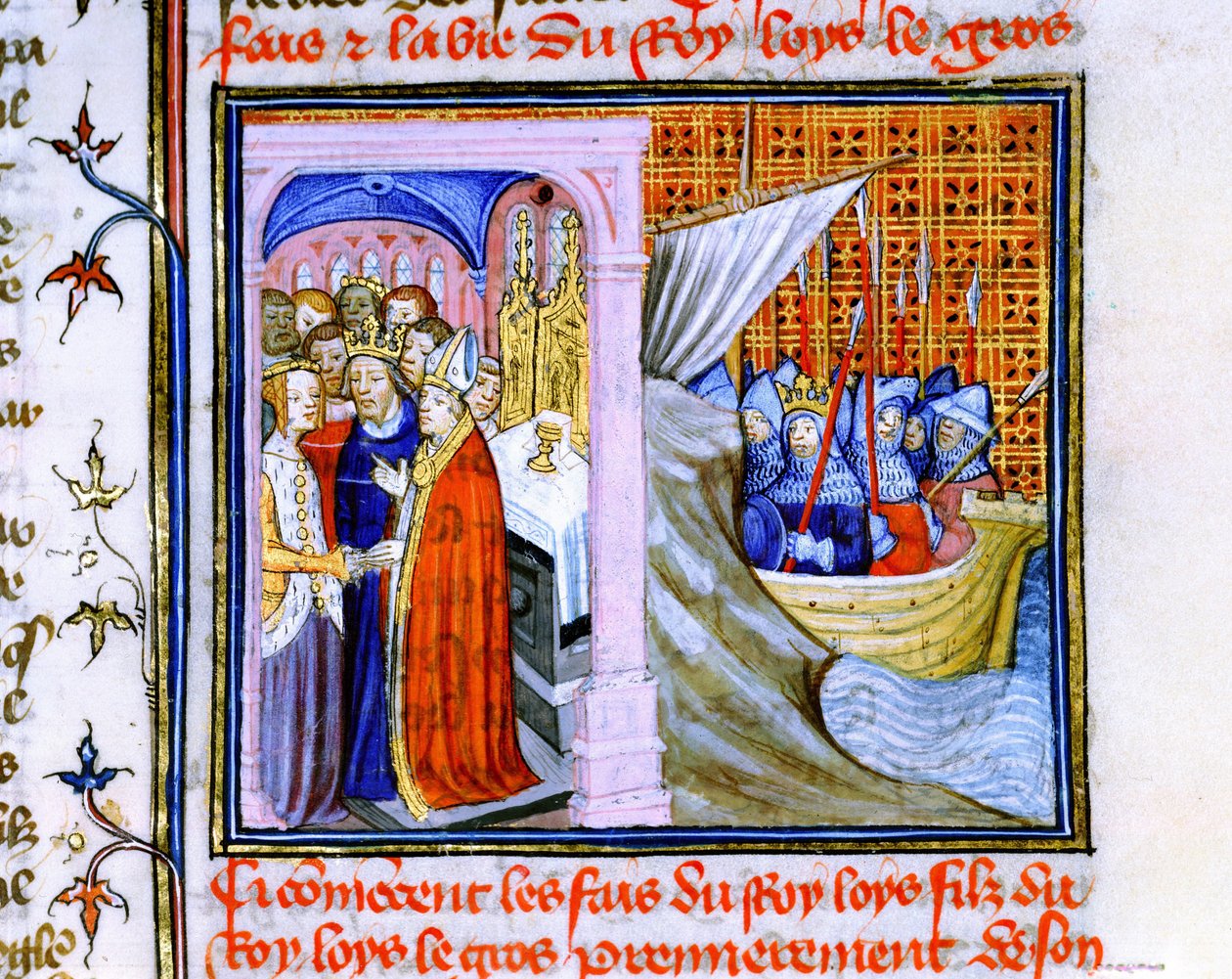 Aquitániai Eleonóra és VII. Lajos francia király házassága (1137) balra, és a második keresztes hadjáratra való indulás 1147-1149, a "Chronique de St Denis"-ből (pergamen). alkotó: School French