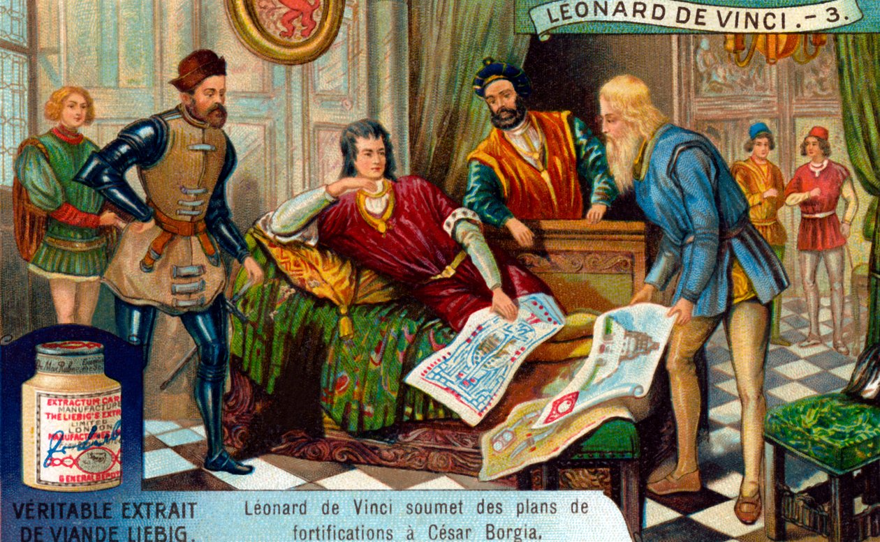 Katonai mérnök, Leonardo da Vinci élete, Liebig-kártya (nyomtatás) alkotó: School French