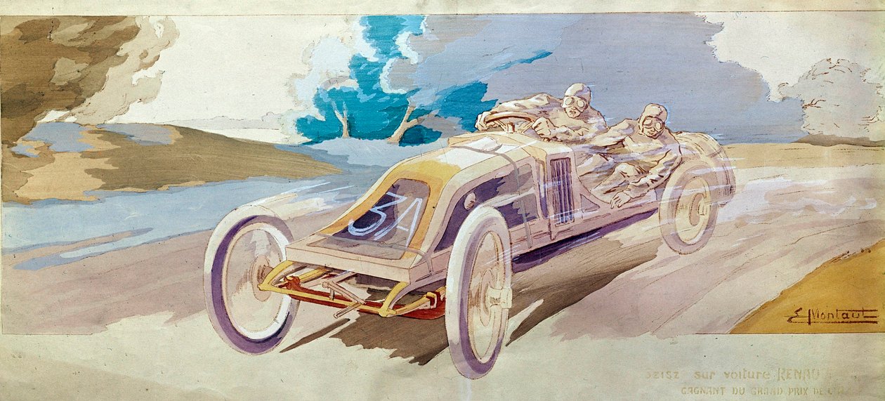 Motorverseny: egy versenyautó „Beisz egy Renault autón”” E. Montre litográfiája, National Conservatory of Arts and Crafts, Párizs alkotó: School French