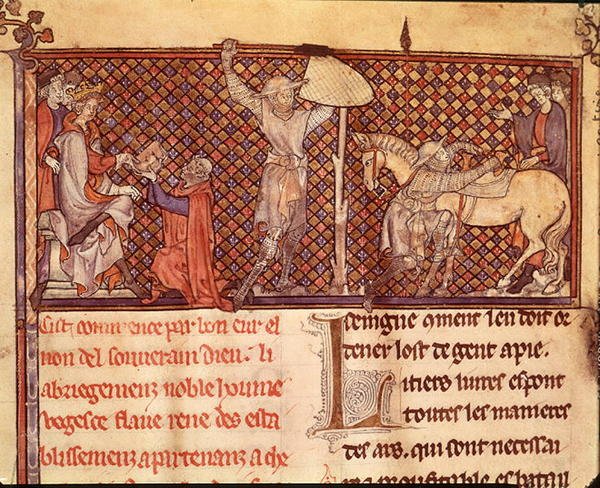 Ms 332 fol.1 Jean de Meung (1240-1305) felajánlja könyvét Eu grófjának és egy lovag távozása, Jean de Meung „Traduction de Vegece” című művéből alkotó: School French