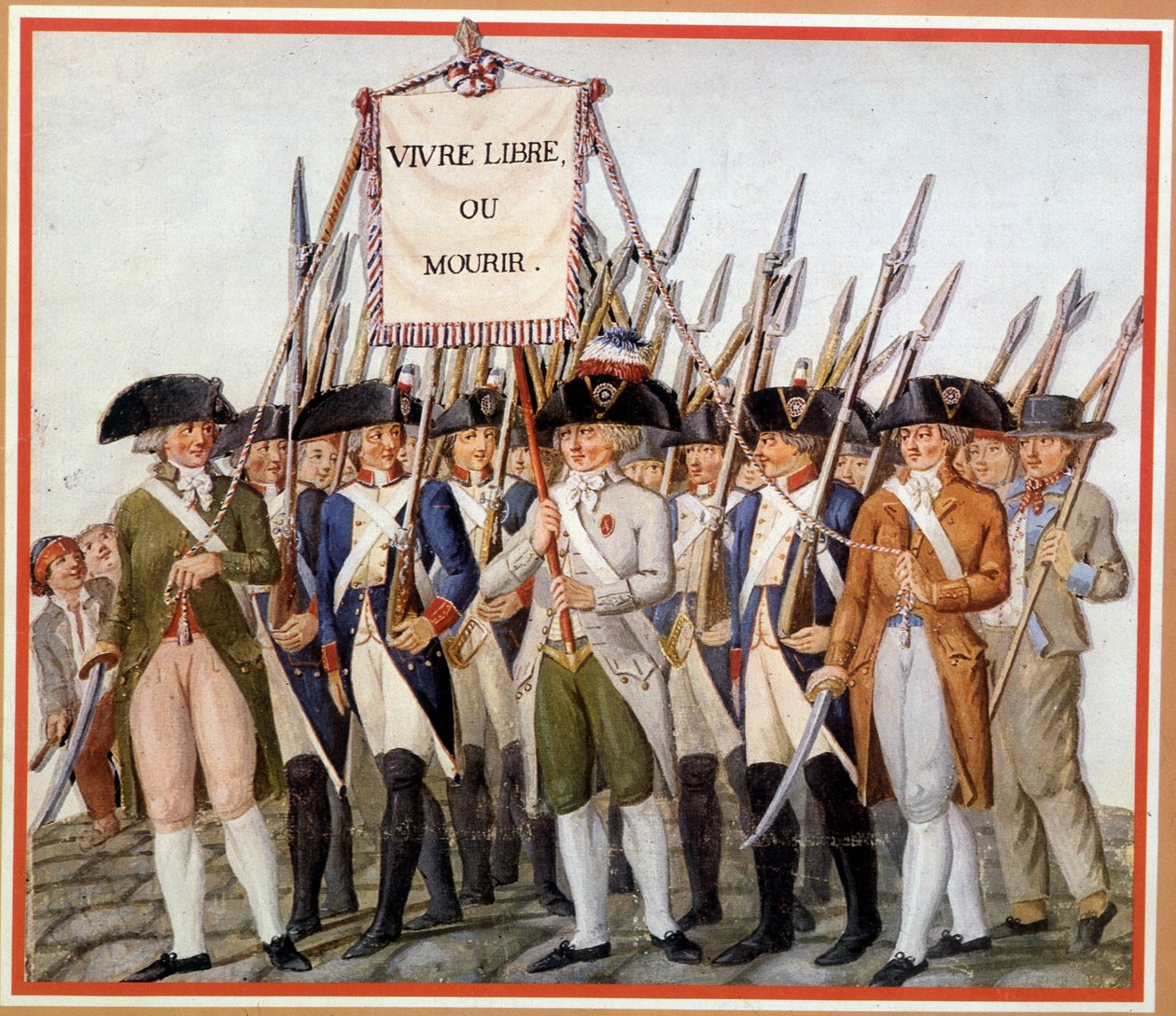 Nemzeti Gárda az „Élj szabadon vagy halj” zászlóval alkotó: School French