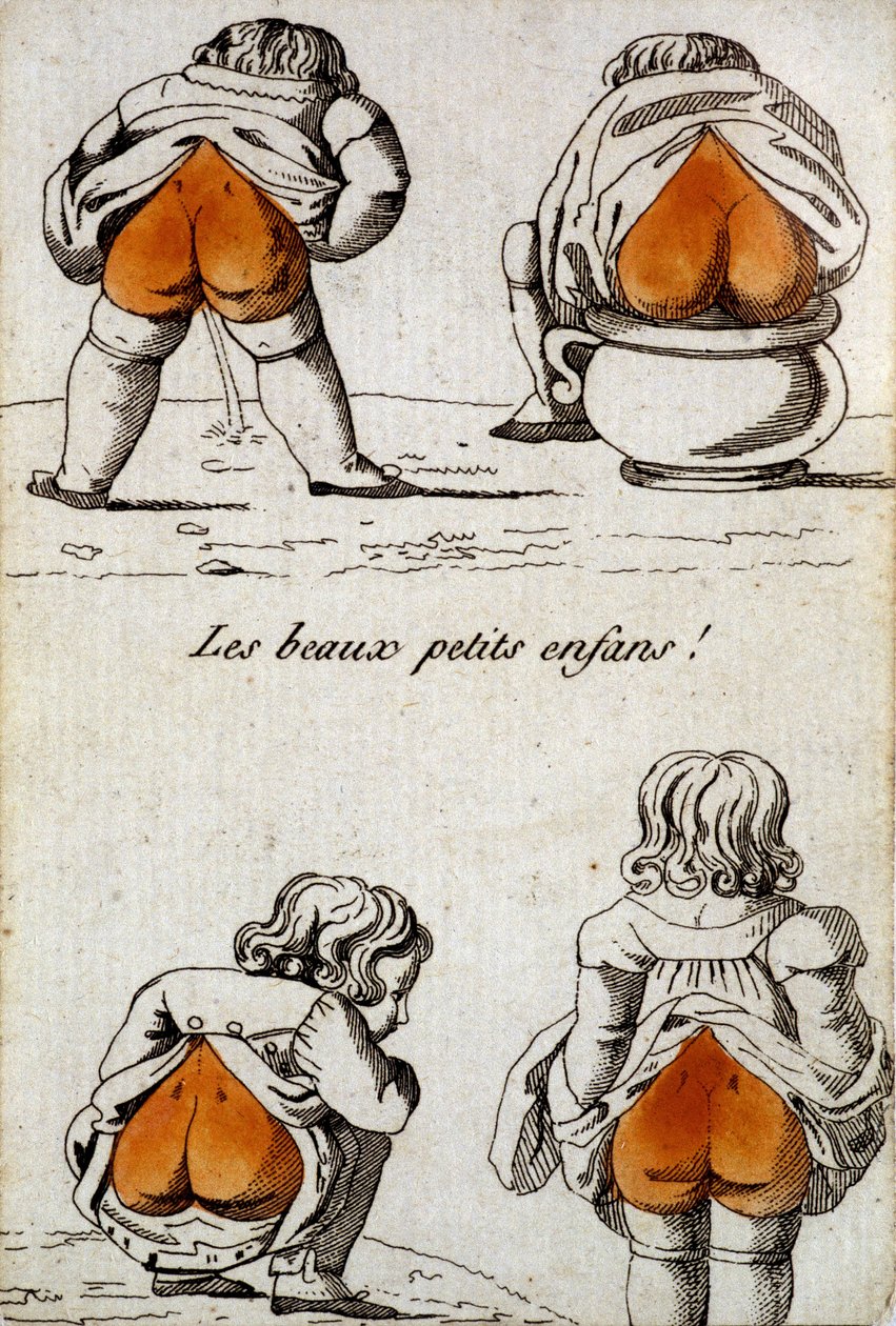 Kijátszható régi kártya: a szív négye - ""Gyönyörű kisgyerekek"", akik szív alakú feneküket mutatják. Musée de la Carte à Joueur, Issy-les-Moulineaux. alkotó: School French