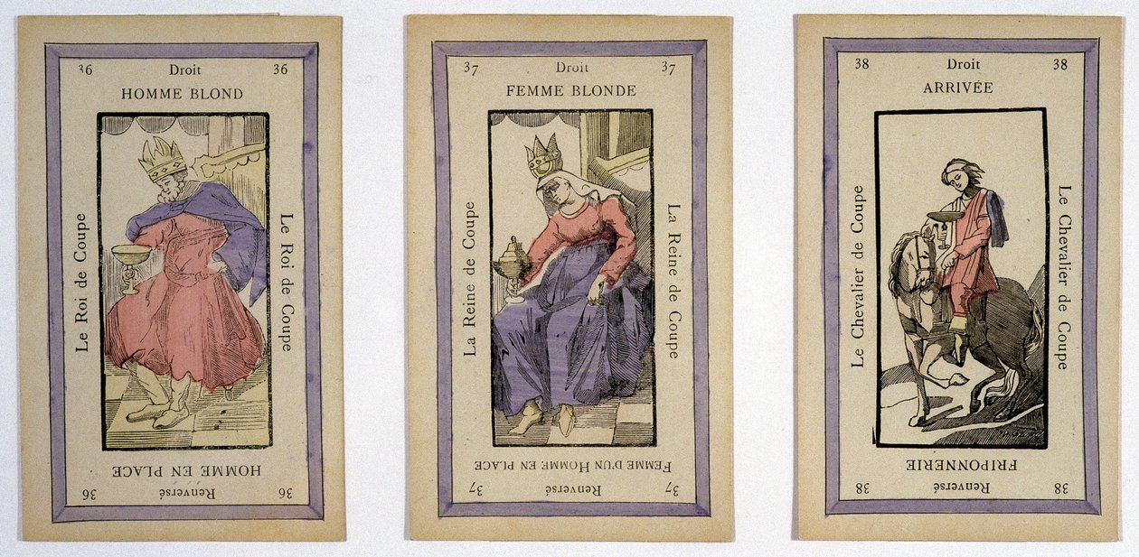 Régi kártyák a király (szőke férfi), a királynő (szőke nő) és a lovas (cél) kupával való játékhoz. Musée de la Carte à Joueur, Issy-les-Moulineaux. alkotó: School French