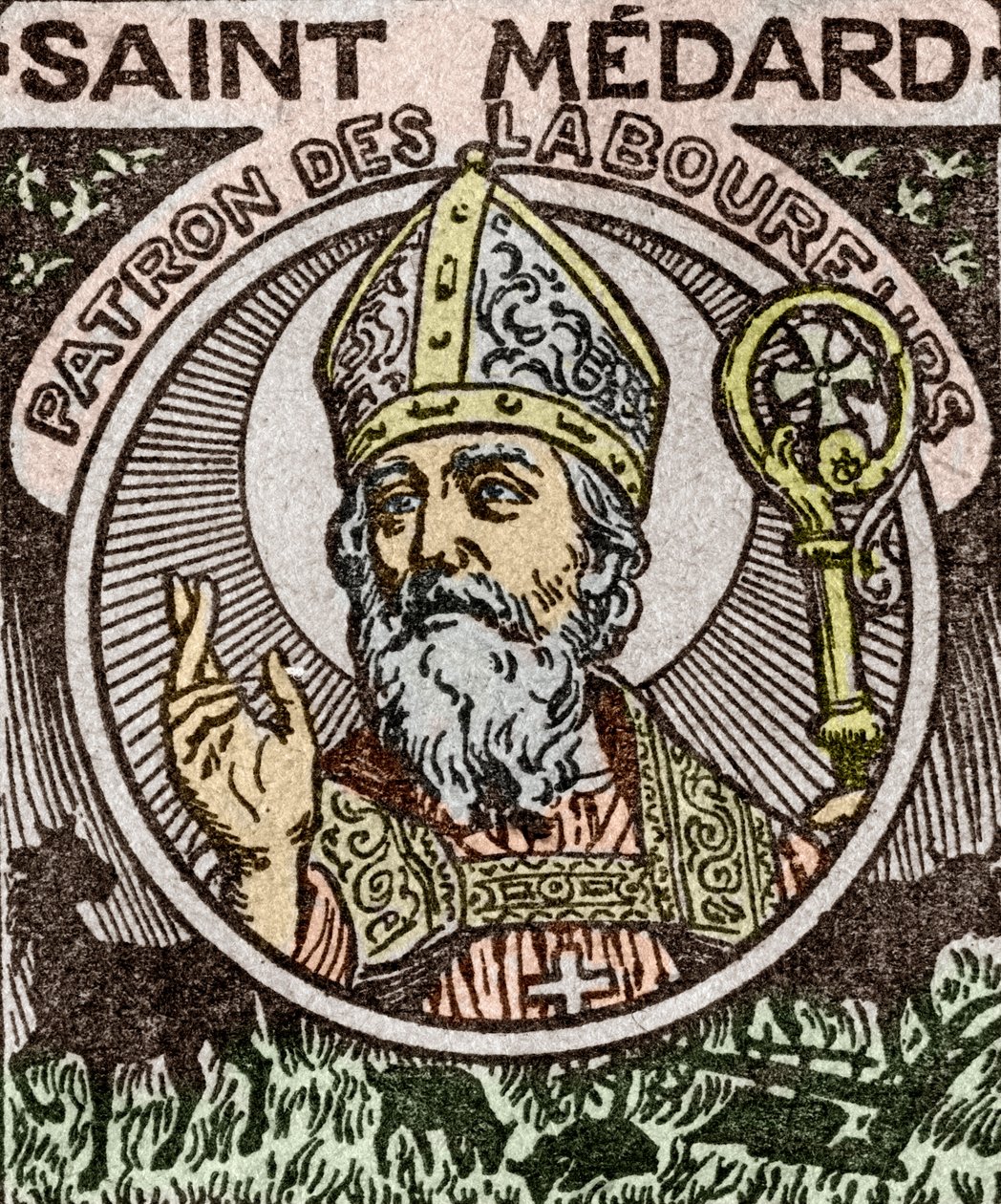 Saint Medard, Medardus, Noyon püspökének portréja, az "Almanach du Pelerin"-ből. alkotó: School French