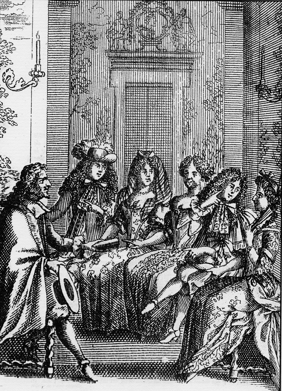 Jean Baptiste Poquelin dit Moliere (1622-1673) „” La critique de l’ecole des femmes”” (1663) című színművének egy jelenetének ábrázolása. alkotó: School French