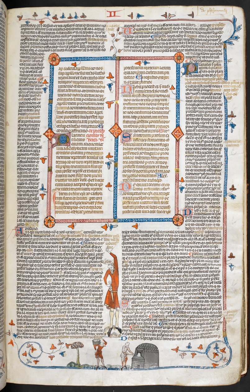 Royal 10 E. IV, f.145 Egy pékhez látogató férfi lapos jelenete a „IX. Gergely dekretálisai glossa ordinariával („Smithfield Decretals”) című könyvéből (vellum) alkotó: School French