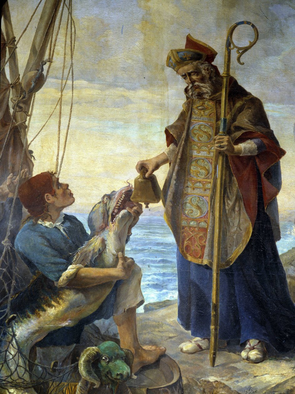 St Pol de Leon egy halon fogadja Batz szigetén azt a harangot, amelyet Márk király elutasított tőle Ouessantban, 530. vers - Morlaix templom festménye alkotó: School French