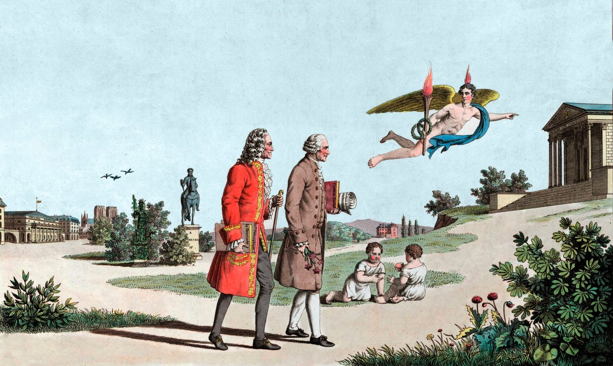 Voltaire szelleme és Jean Jacques Rousseau elvezeti őket a Halhatatlanság Templomához – Voltaire dzsinnjéhez (François Marie Arouet, Voltaire alkotó: School French