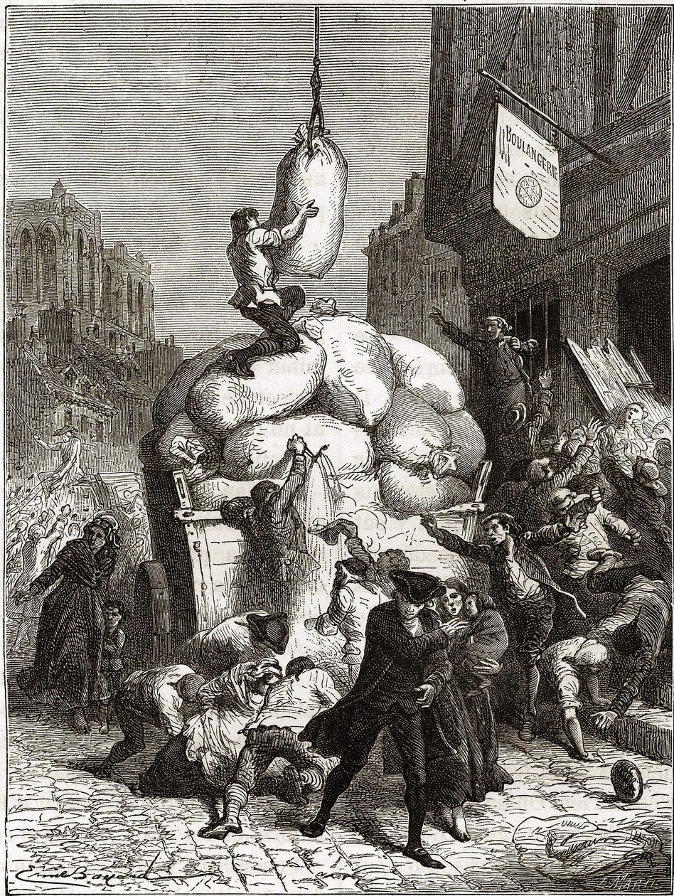A lisztek háborúja: pékségek kifosztása Párizsban, 1775 körül (a francia forradalom első gyümölcse) alkotó: School French
