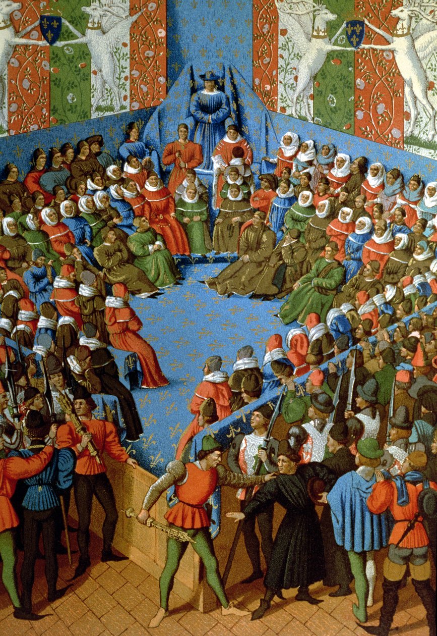 Ítélet Jean-ról, Alencon hercegéről, akit azzal vádolnak, hogy összeesküdött az angolokkal a franciák ellen, Jean Fouquet 15. századi kéziratának fakszimile (színes litho) alkotó: School French