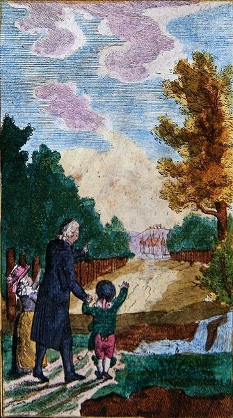 Gyerekek tanárukkal, a „Le Nouveau Chemin du Plaisir”-ból, Nuernbergben, 18. század végén vagy 19. század elején (színes fametszet) alkotó: School German