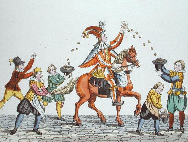 Jester egy gesztenyés lovon, aki élelmet dob a gyerekeknek, a „Régi Nürnbergi szokások és gyakorlatok a játékokban és a dalokban”, újra kiadva 1831-ben (színes litó) alkotó: School German