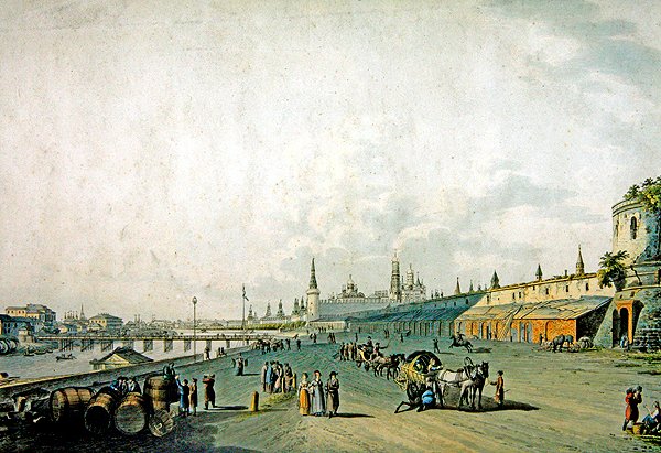 Moszkva, kilátás a Kremlre és a Moszkva rakpartra (akvarell gravírozás) alkotó: School German