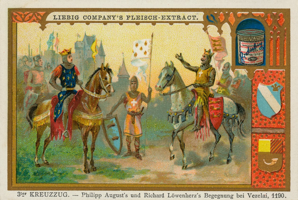 II. Augustus Fülöp és Oroszlánszívű Richárd Vézelay-nál, harmadik keresztes hadjárat, Liebig-kártya (nyomtatás) alkotó: School German
