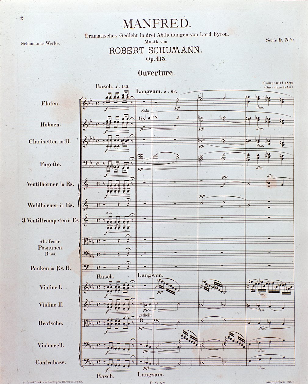 Robert Schumann német zeneszerző "Manfred" (opusz 115) megnyitójának kotta (nyomtatott) alkotó: School German