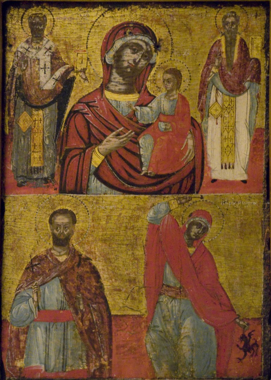 Madonna, gyermek és szentek (tempera fatáblán) alkotó: School Greek