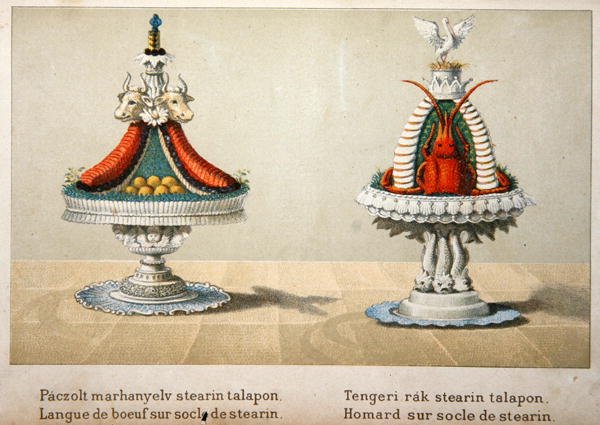 Terv ökörnyelv bemutatásához sztearinágyon és homárhoz, illusztráció egy francia konyhaművészetről szóló magyar szakácskönyvből, 1880 körül (színes litó) alkotó: School Hungarian