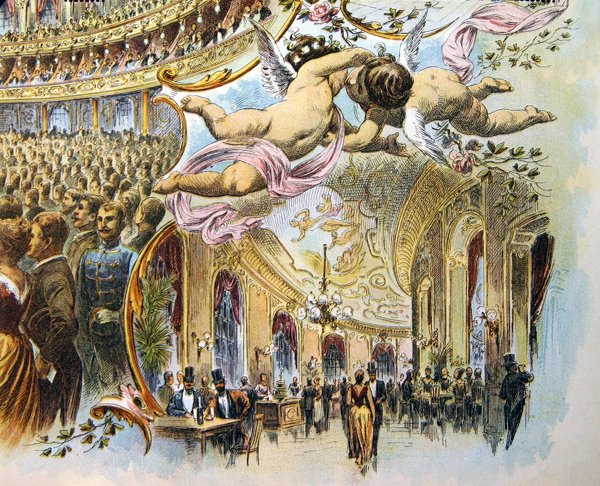 A Somossy Orfeum sétánya Budapesten, XIX. század vége (színes litó) alkotó: School Hungarian