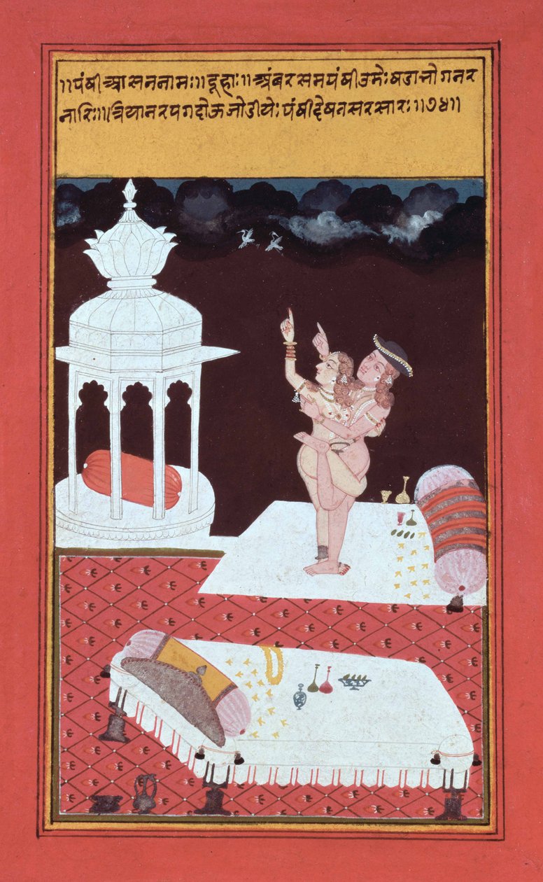 Göndör európaiak szeretkeznek egy magas teraszon, miközben egy pár fehér kócsagot néznek, amint a monszunfelhők ellen repülnek, Rajasthanban. alkotó: School Indian