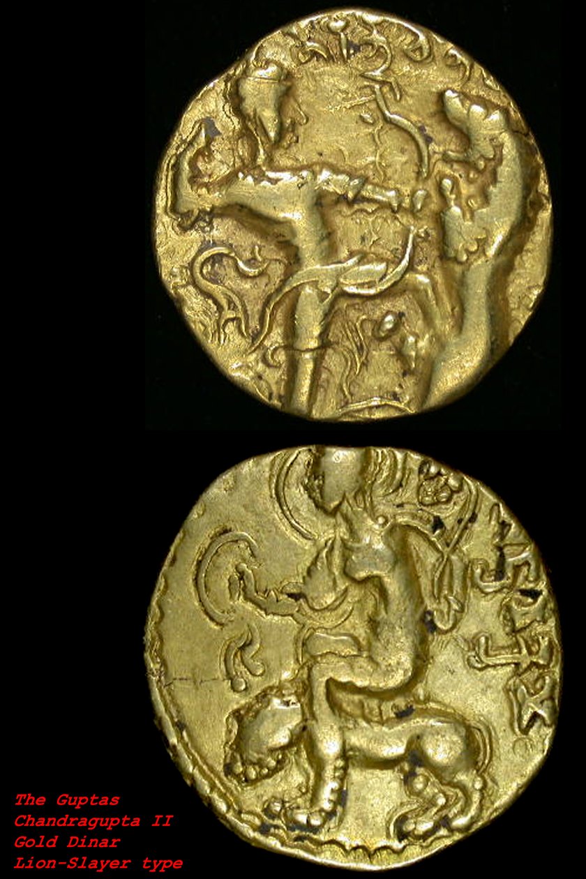 Oroszlánokat ábrázoló érmék, Maurya-dinasztia (arany) alkotó: School Indian