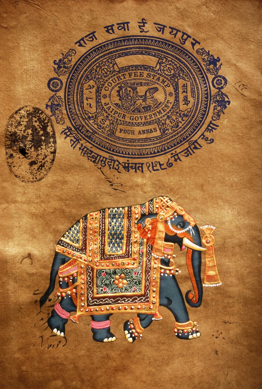 Elefánt, kézzel készített festmény és régi bélyegző papír, Jaipur, Rajasthan, India alkotó: School Indian