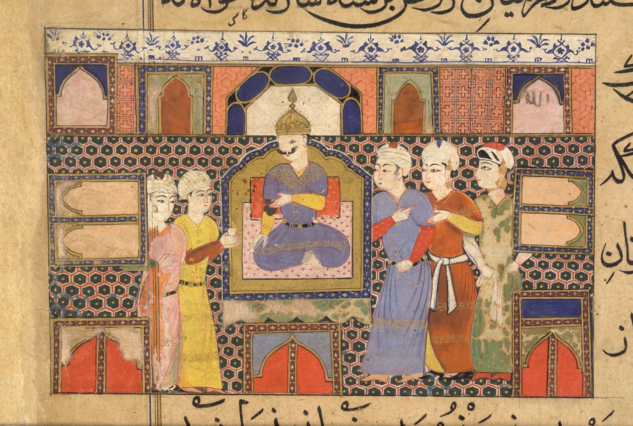 Ghiyath al-Din kísérőkkel trónolt, a Ni