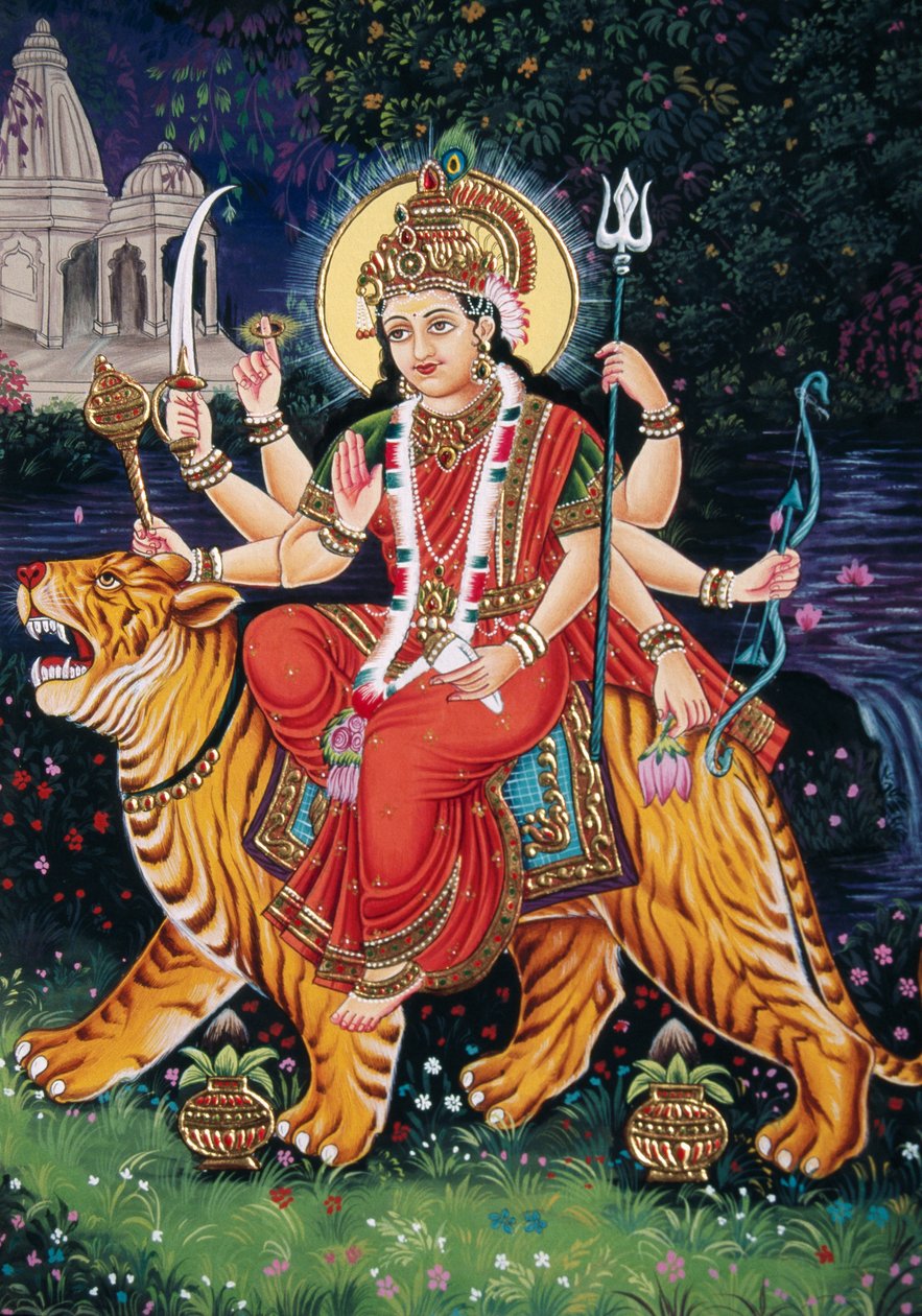 Durga Istennő miniatűr festmény papírra hímzéssel alkotó: School Indian