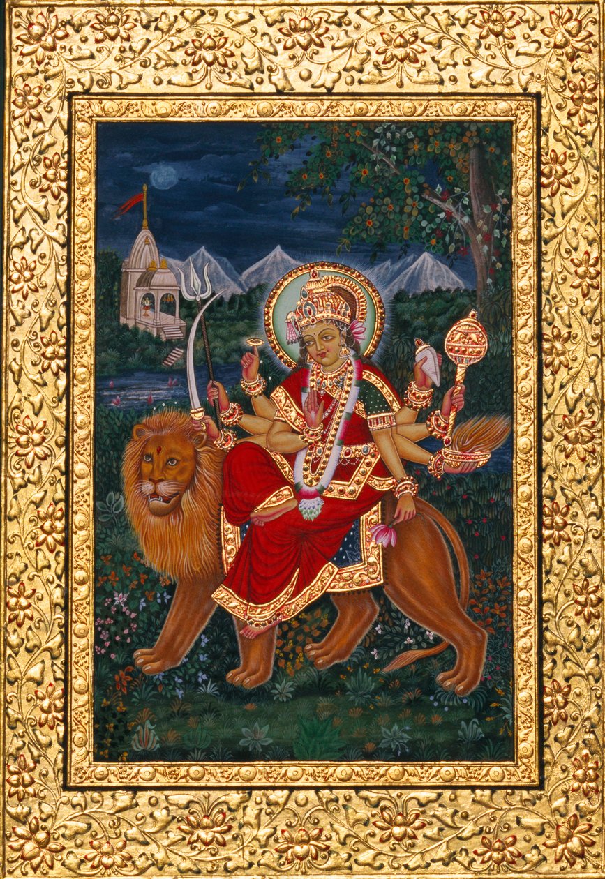 Durga Istennő miniatűr festmény arany kerettel alkotó: School Indian