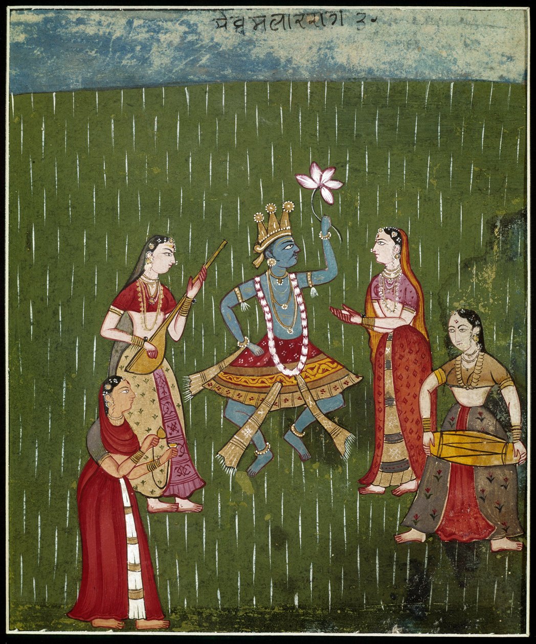 Krisna istennő esőben táncoló zenészekkel (miniatűr) alkotó: School Indian
