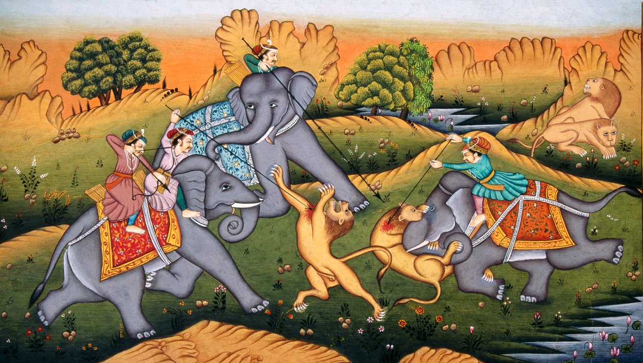 Vadászat Tigrisek a miniatűr festmény papíron alkotó: School Indian