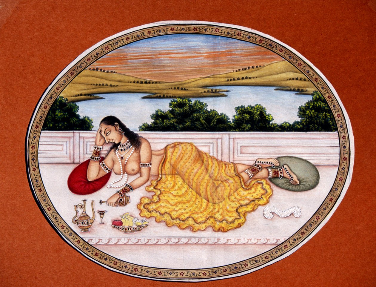Lady élvezve ital miniatűr festmény papírra alkotó: School Indian